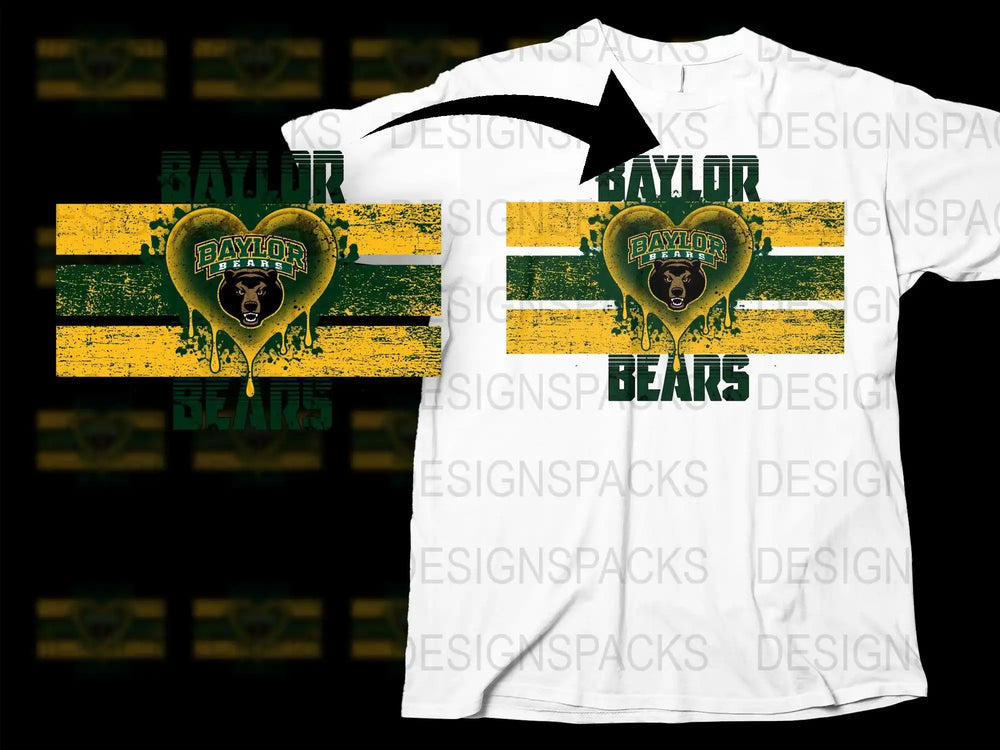 Baylor Bears heart design on white t-shirt with green and yellow stripes