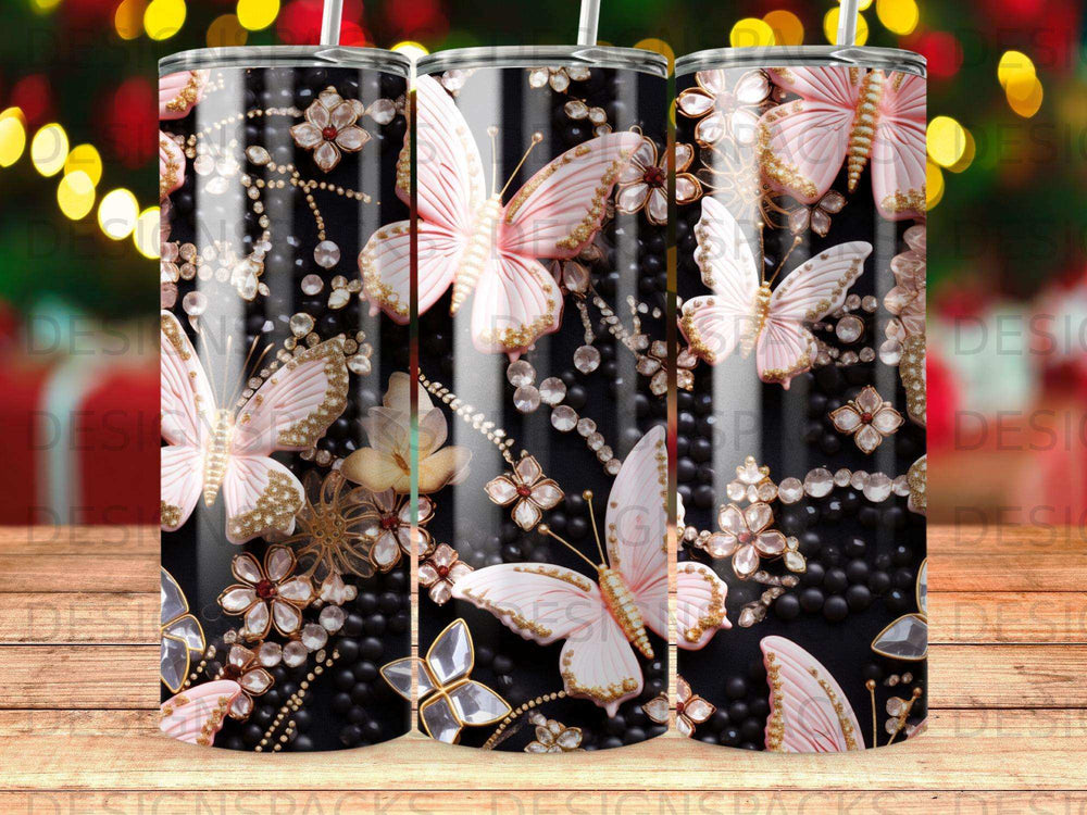 Pink and gold butterflies on black beaded background with pearl accents.