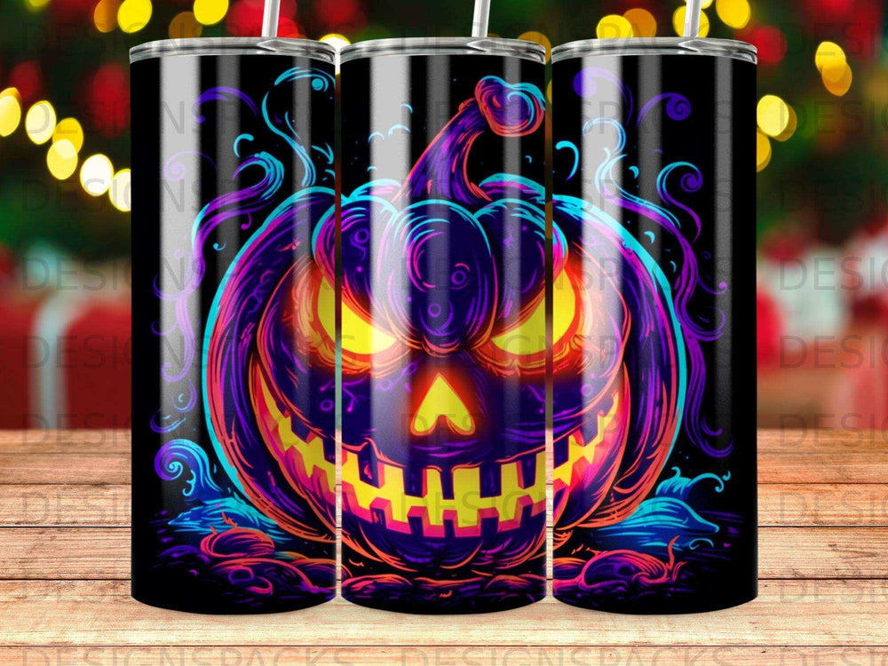 Glow-in-the-dark jack-o'-lantern tumbler with colorful swirling background.