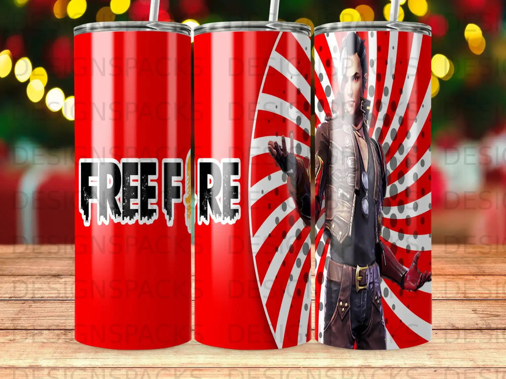 Free Fire logo and male character on a red and white striped background.
