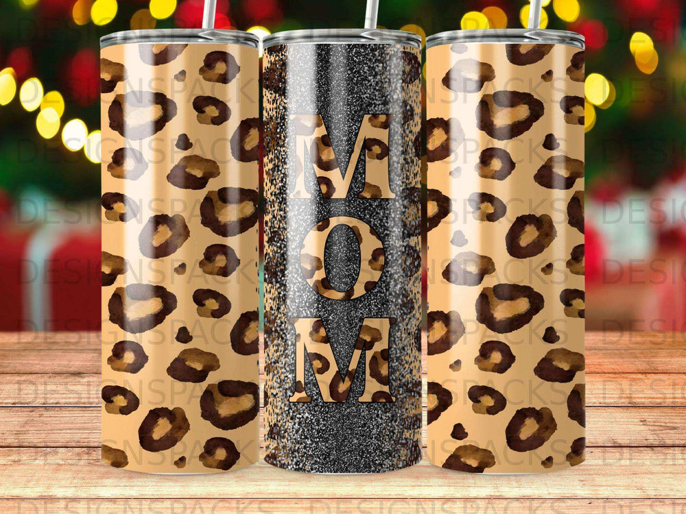 Tumbler with leopard print and "Mom" in glitter.