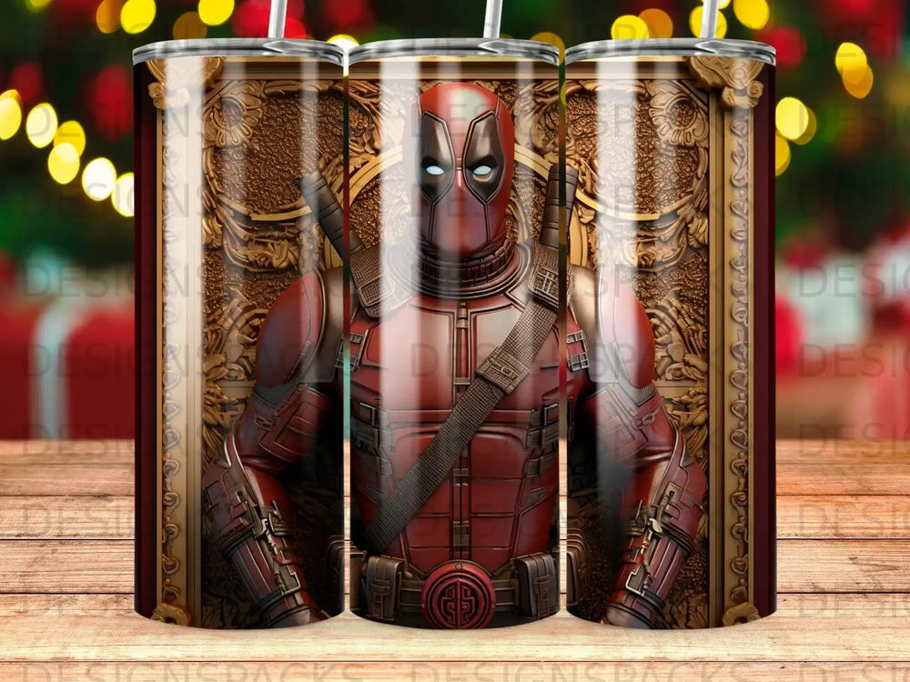 Deadpool character on a tumbler with ornate golden frame.