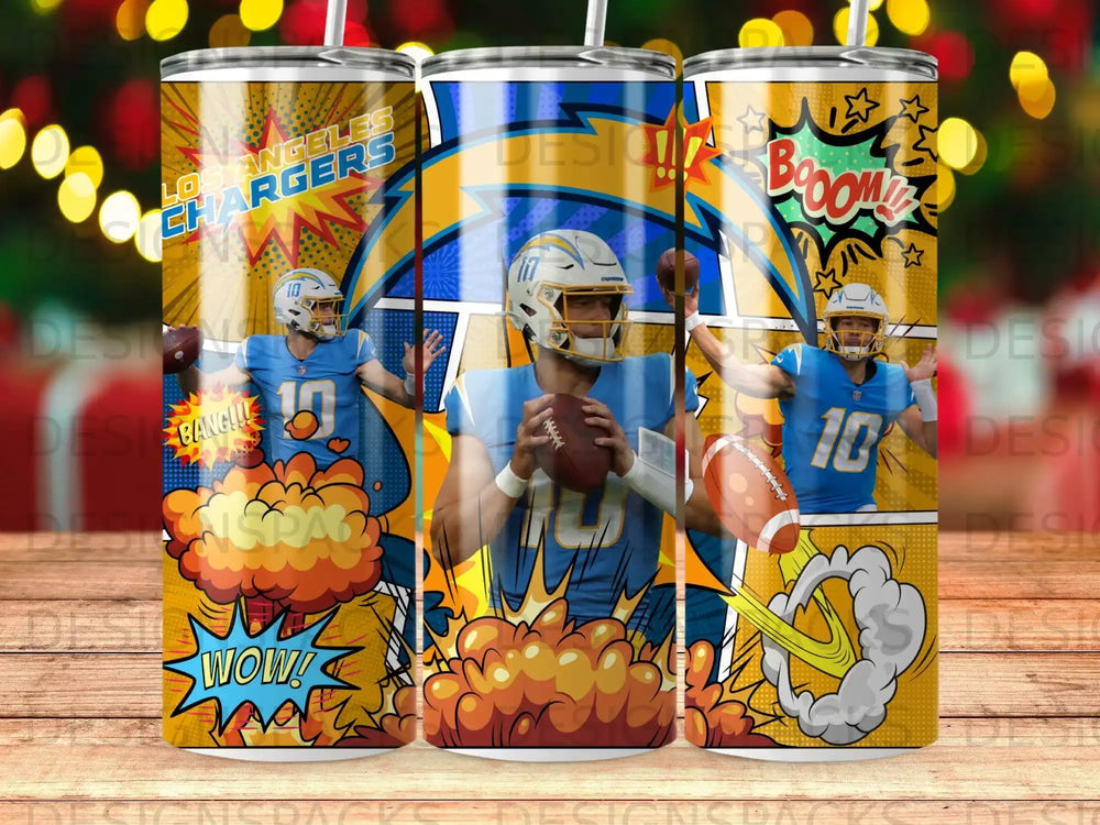 Los Angeles Chargers player in comic book style with "WOW!" and "BOOM!" text.