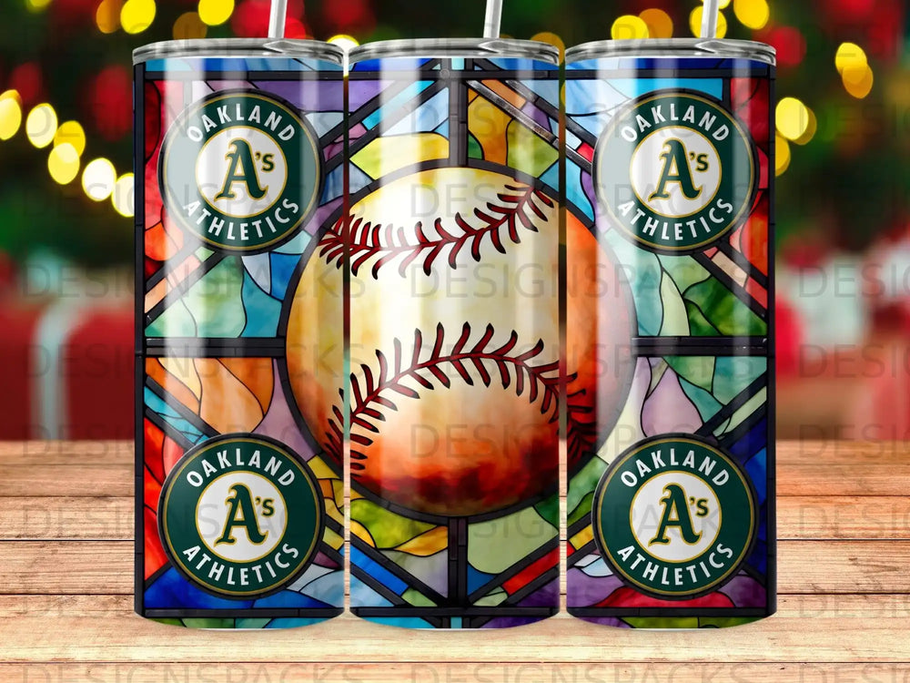 Oakland Athletics logo on a stained-glass pattern tumbler.