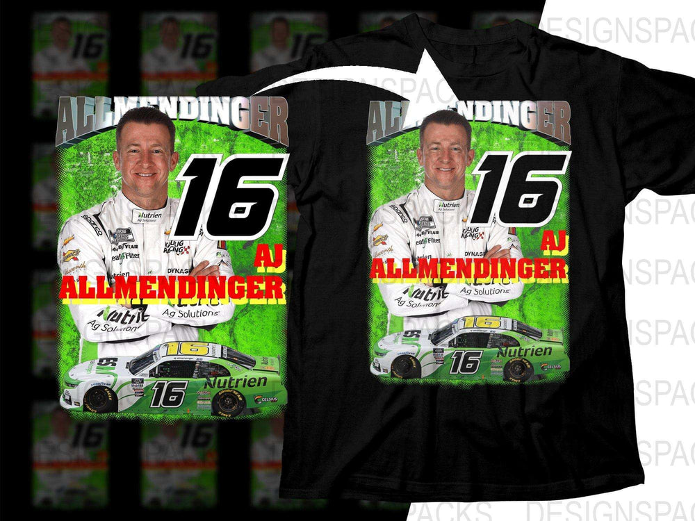 AJ Allmendinger #16 race car driver t-shirt design with green and white graphics