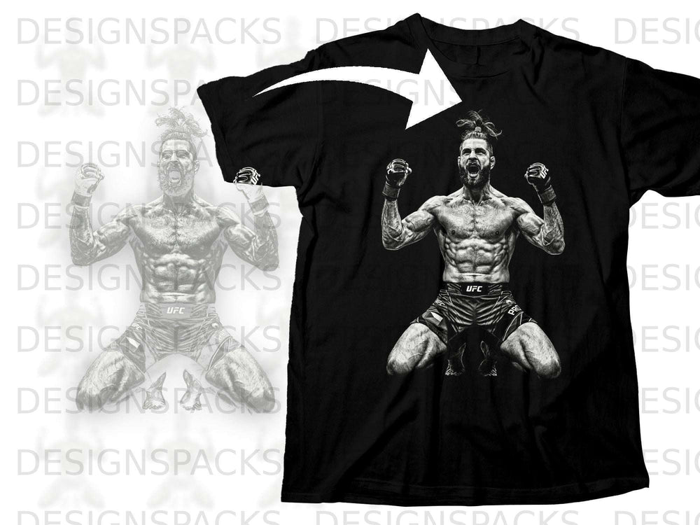 Black t-shirt with a graphic of a muscular fighter celebrating with fists raised.