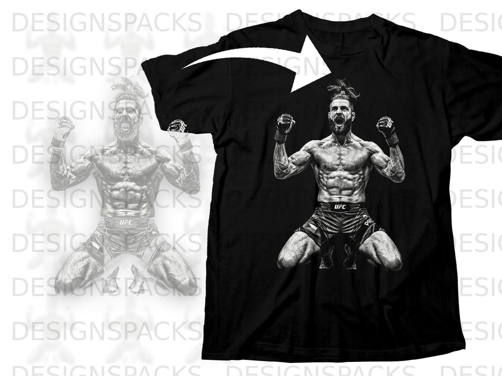 Black t-shirt with a graphic of a muscular fighter celebrating with fists raised.