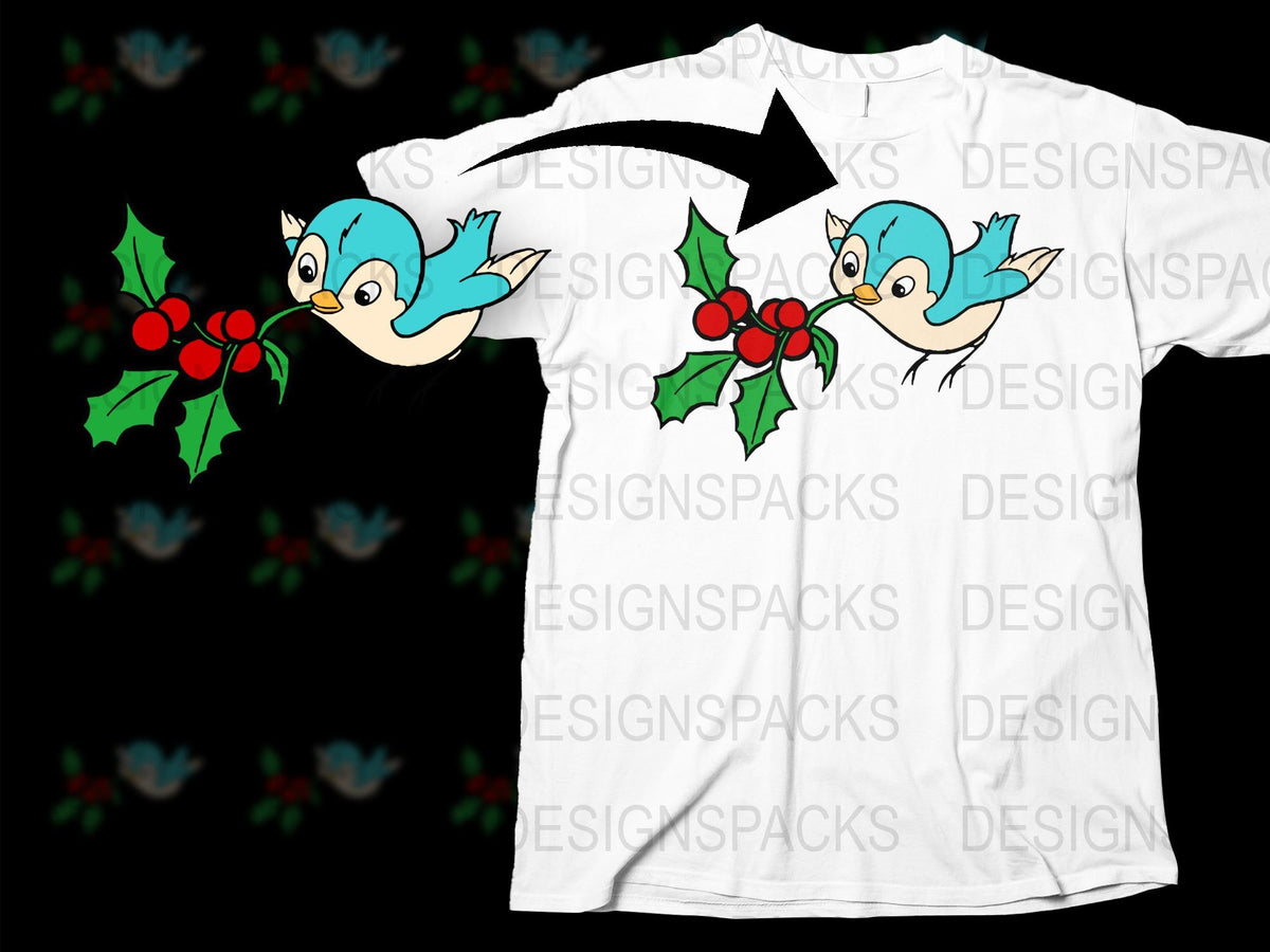 Festive Christmas T-Shirt with Cute Blue Bird and Holly Design, Holiday Apparel for All Ages