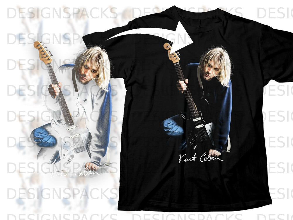 Black t-shirt featuring Kurt Cobain holding a guitar, signed "Kurt Cobain".