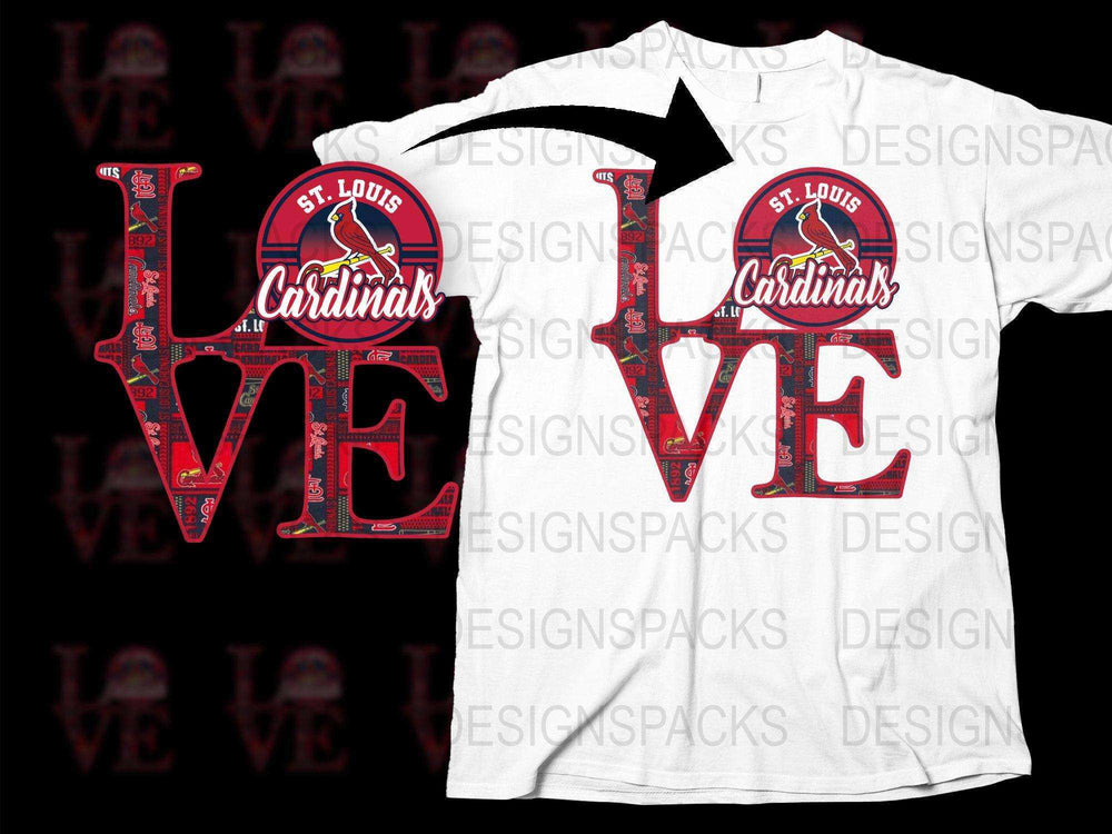 St. Louis Cardinals 'LOVE' t-shirt design with team logo and patterned letters