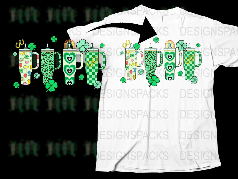 St. Patrick's Day tumbler designs with shamrocks, hearts, and rainbows on white t-shirt