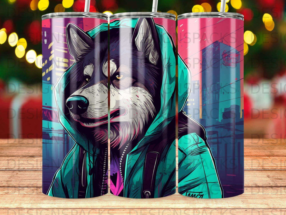 Wolf in teal hoodie with city lights background on a tumbler.