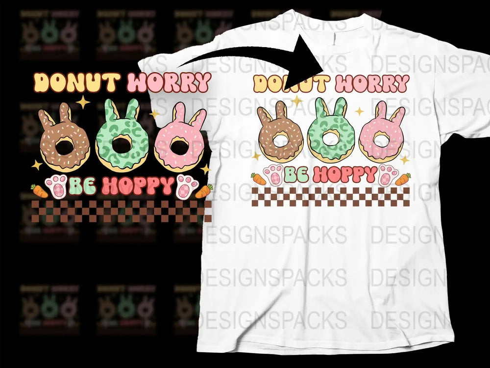 Donut Worry Be Hoppy t-shirt design with bunny donuts and carrots, print-ready for DTG or DTF.