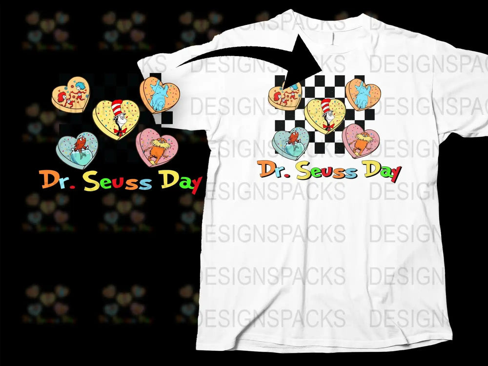 Dr. Seuss Day t-shirt design with heart-shaped candy graphics, perfect for DTF/DTG printing