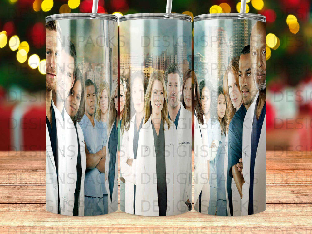 Cast of Grey's Anatomy characters in scrubs on a patterned background.