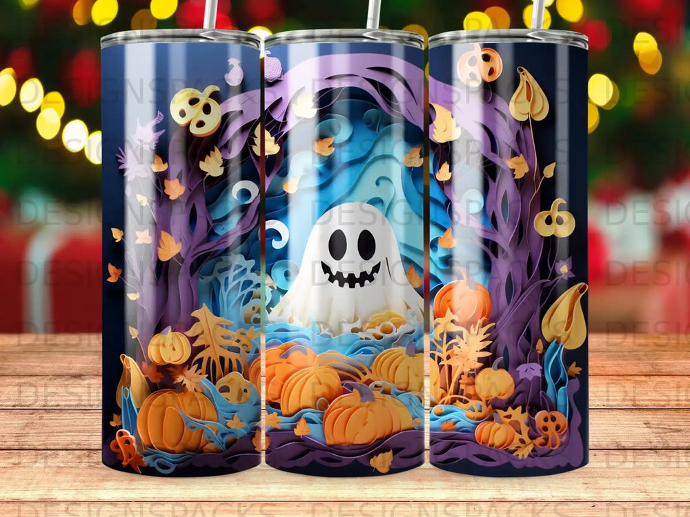 Halloween scene with a ghost, pumpkins, and spooky trees.