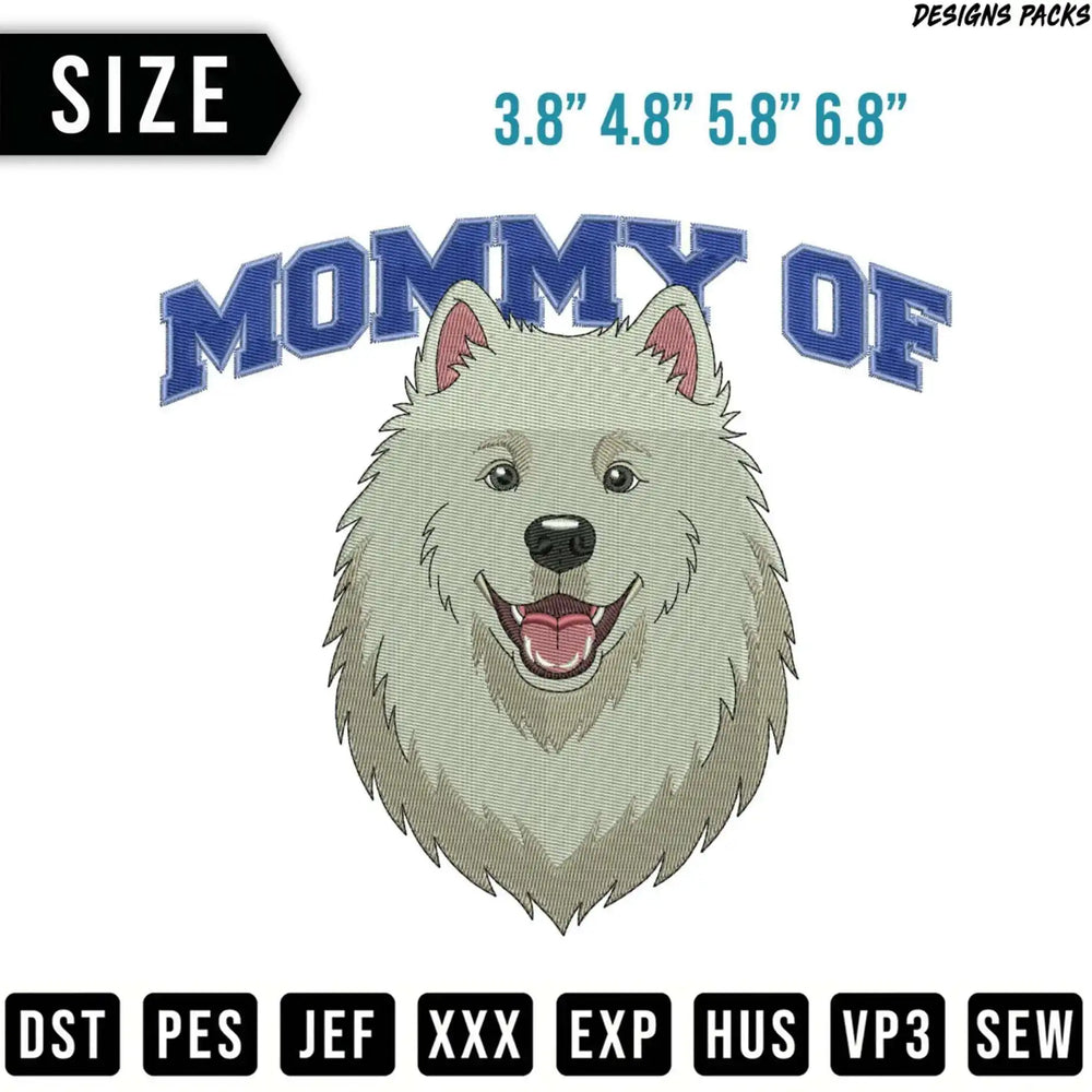 Mommy of dog embroidery design with size and file format options.