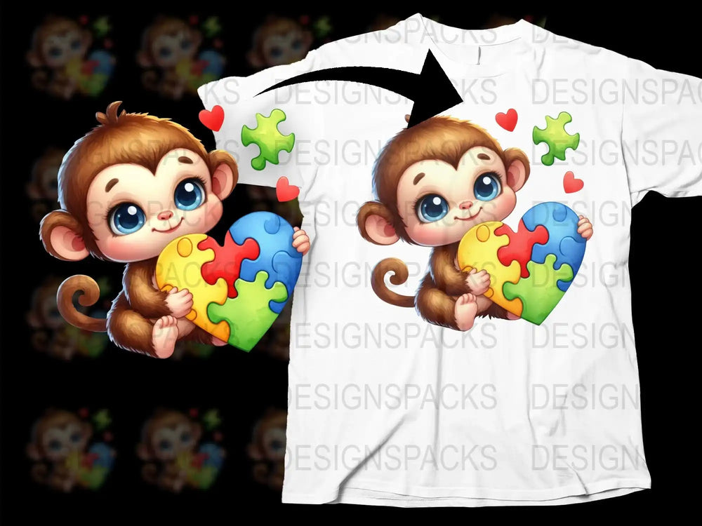 Kids Autism Awareness T-Shirt, Cute Monkey Puzzle Heart Design, Colorful Graphic Tee, Unisex Children's Clothing