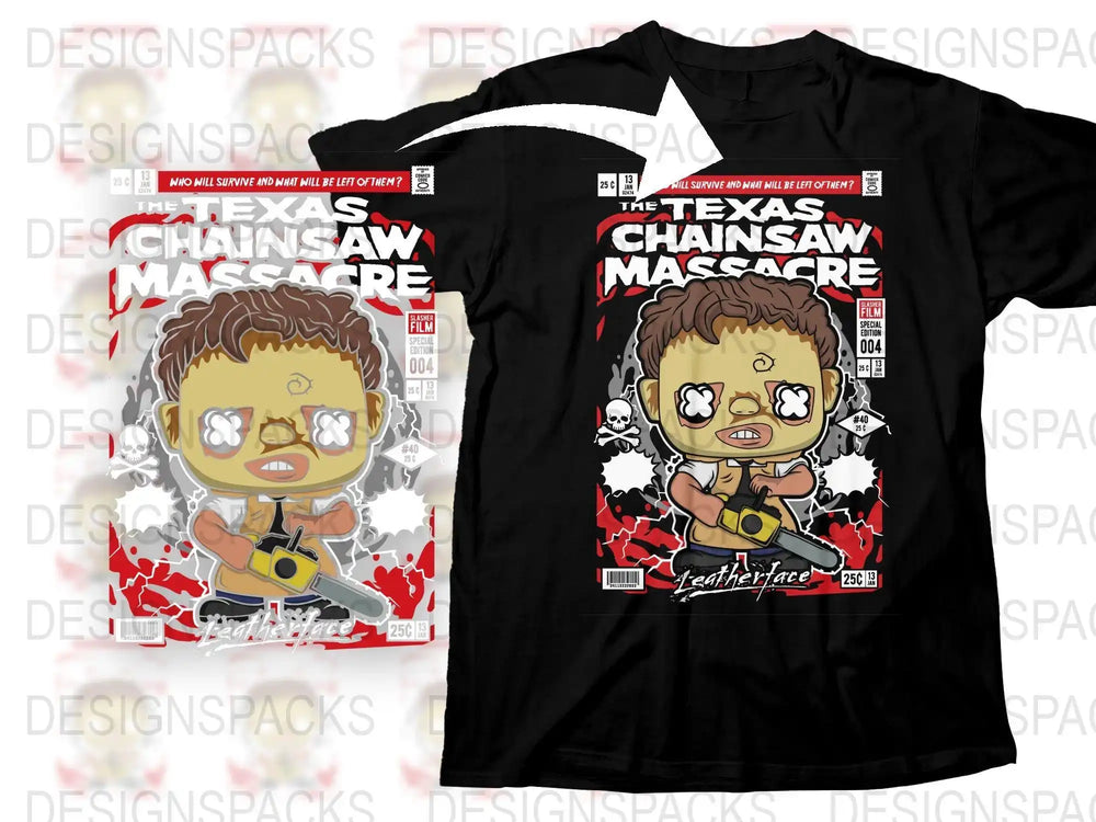Chibi Leatherface design on black t-shirt, Texas Chainsaw Massacre comic style, print-ready graphic