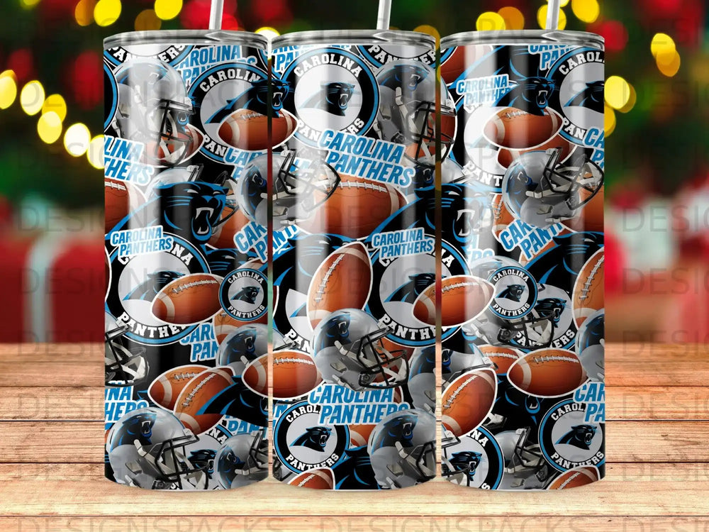 Carolina Panthers football helmets, logos, and footballs collage on wooden background.