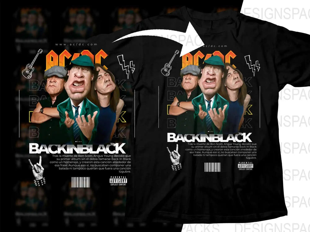 AC/DC 'Back in Black' band t-shirt design with caricature art, guitar, lightning, and Parental Advisory graphic