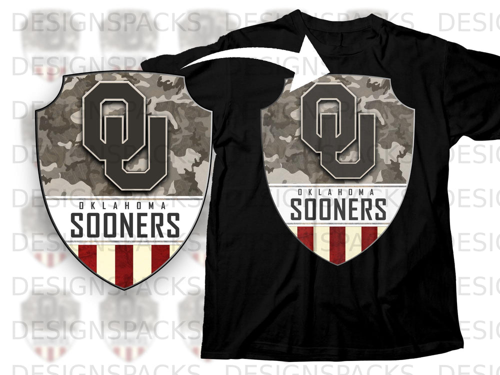 Black t-shirt with Oklahoma Sooners shield logo featuring camouflage and red stripes.