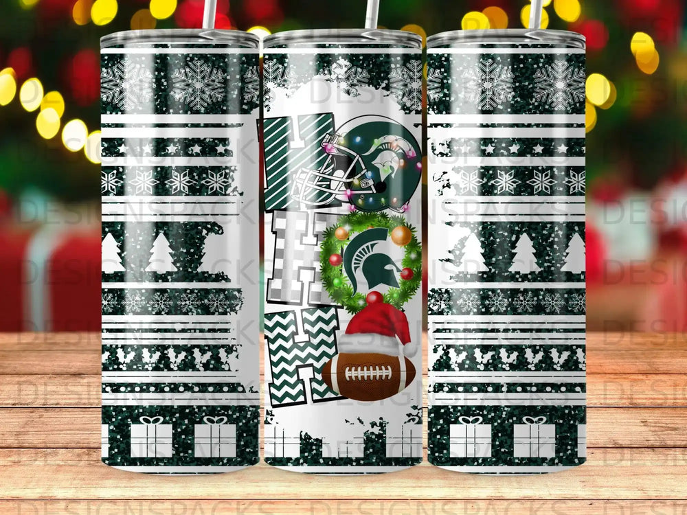 Michigan State Spartans logo and holiday snowflakes on a tumbler.