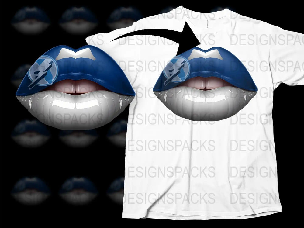 Blue and white lips design on white t-shirt, print-ready for DTF/DTG