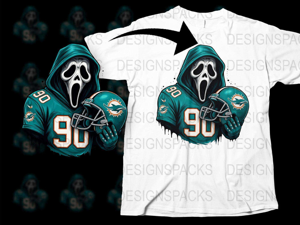 Miami Football Ghost Face Mask Graphic T-Shirt, Sports Fan Apparel, Unique Team Support Tee, Size S-XXL
