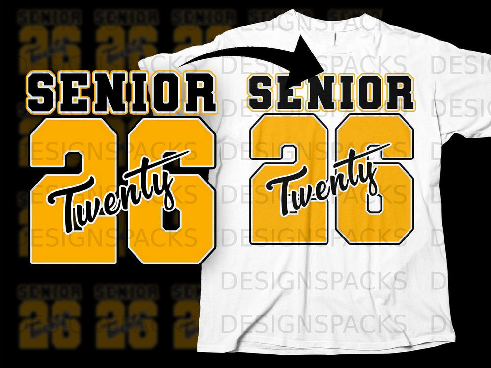 "Senior 2026" graphic with a white t-shirt and black overlay.