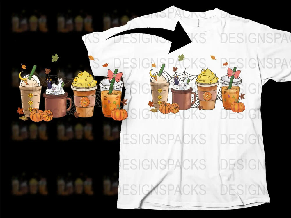 Fall-themed t-shirt design with pumpkin spice drinks, cats, and autumn leaves for DTF/DTG printing