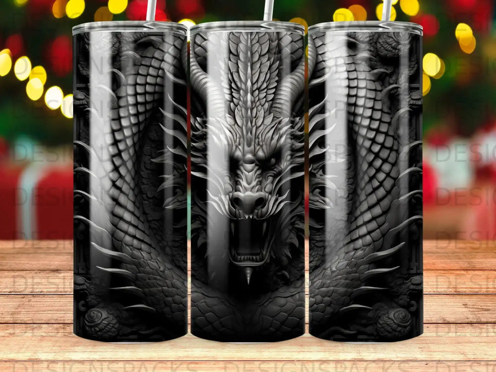 Black and white dragon design wraps around a clear tumbler.