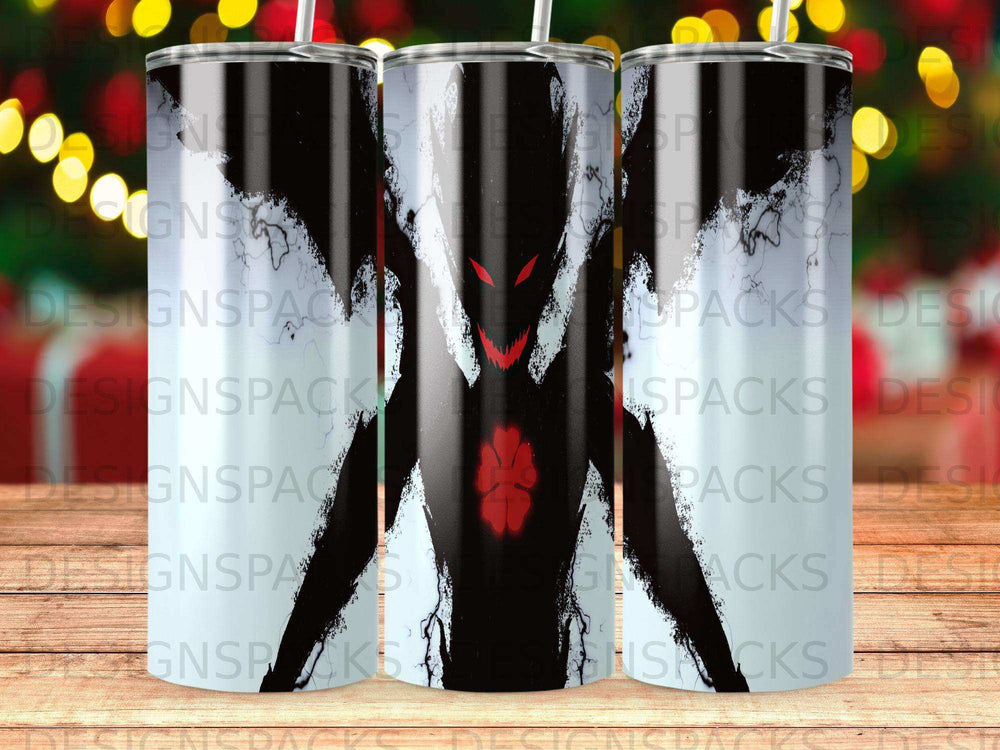 Dark creature with glowing red eyes and bat wings on a tumbler.