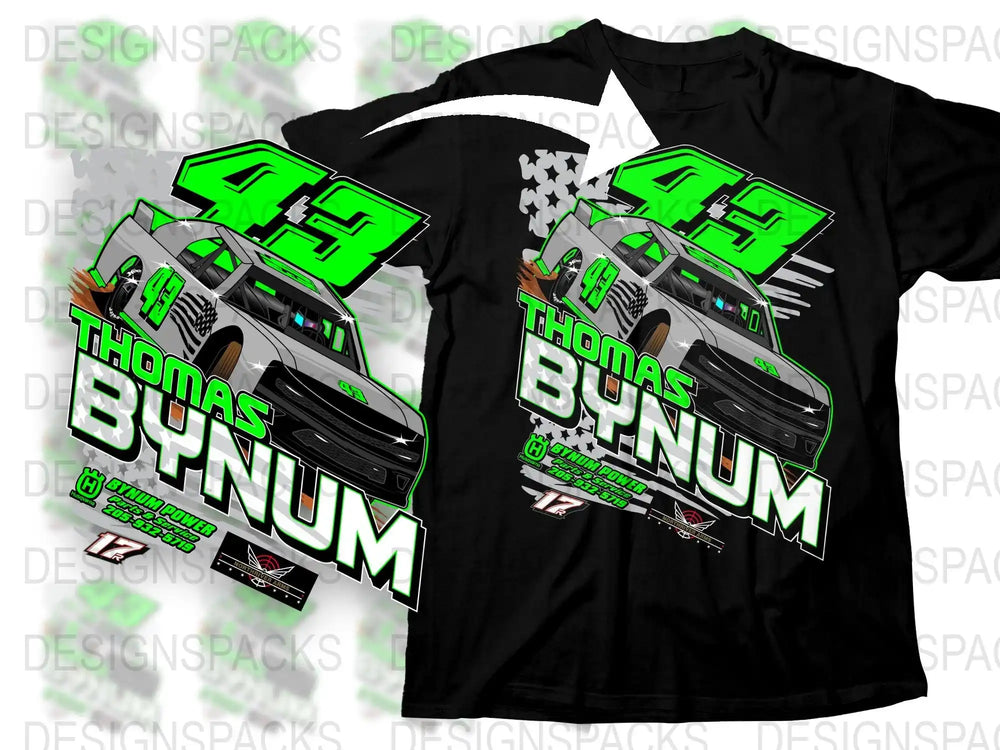 Thomas Bynum racing truck design on black t-shirt, neon green #43, print-ready for DTG/DTF