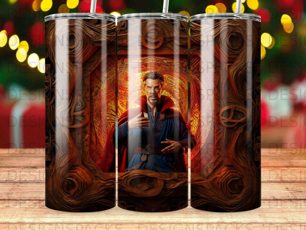 Doctor Strange with glowing hands in a wooden frame.