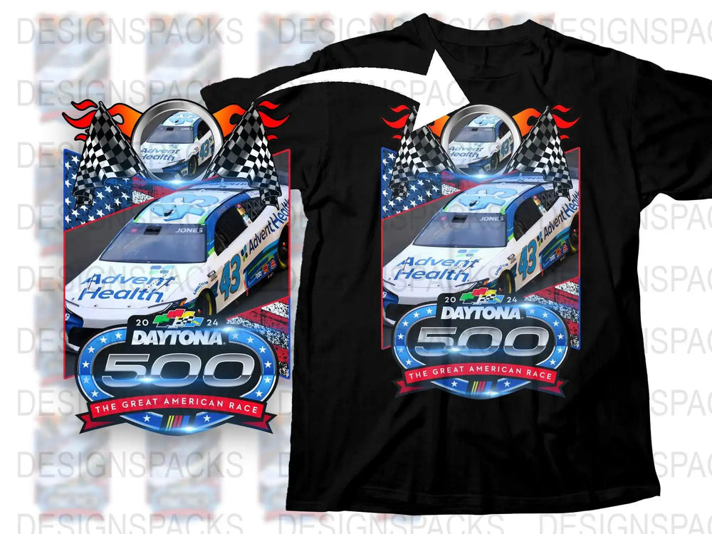 Daytona 500 race car t-shirt design with checkered flags and American theme