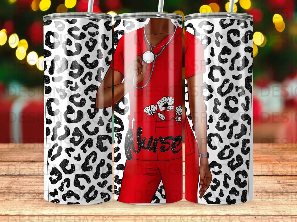 Nurse in scrubs with stethoscope and leopard print background.