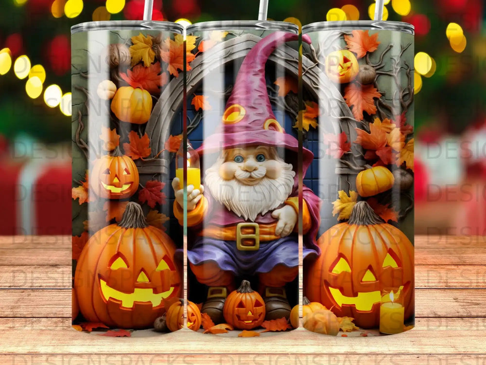 Gnome holding pumpkin and surrounded by pumpkins and autumn leaves.