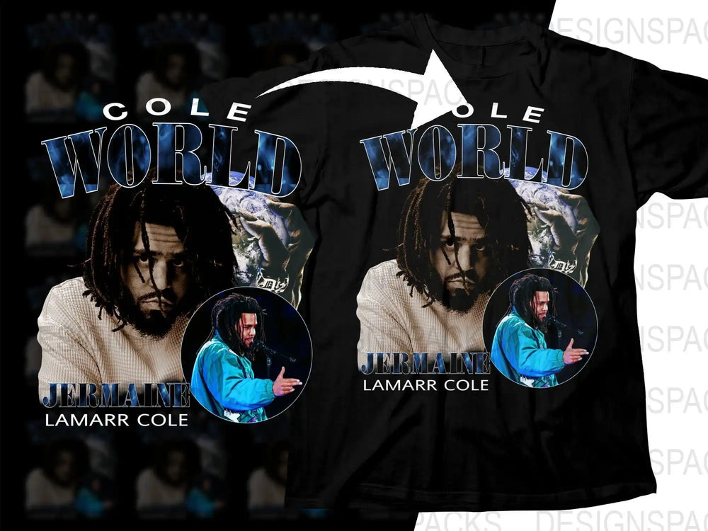 Jermaine Lamarr Cole t-shirt design with 'Cole World' text and performance imagery