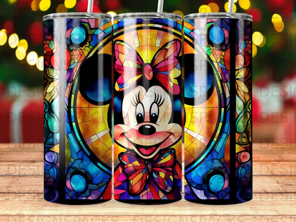 Minnie Mouse stained glass design on a tumbler with bokeh lights.