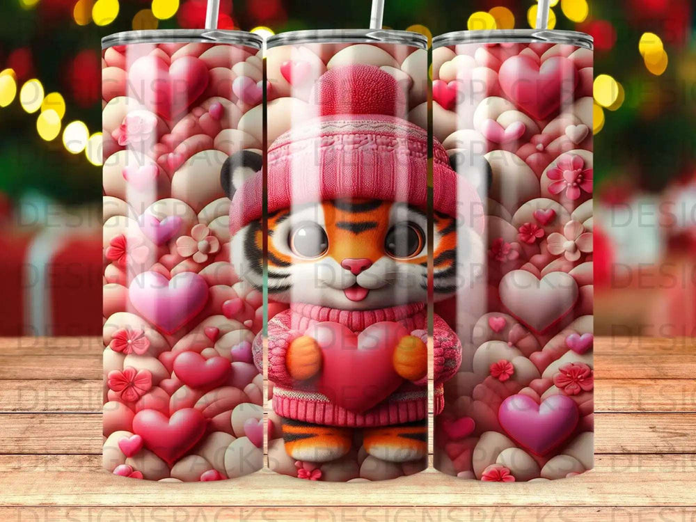 Cute cartoon tiger in a pink hat holding a heart, surrounded by pink hearts.