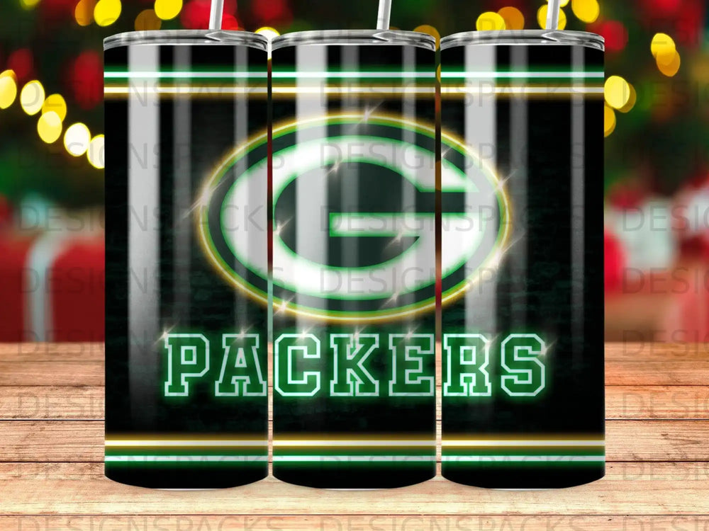 Green Bay Packers logo and text on a black tumbler with neon green accents.
