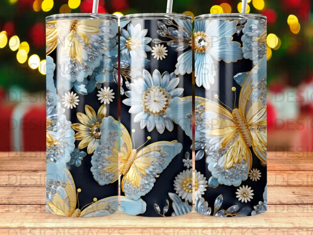 Gold butterflies and blue floral design with gems on a dark background.