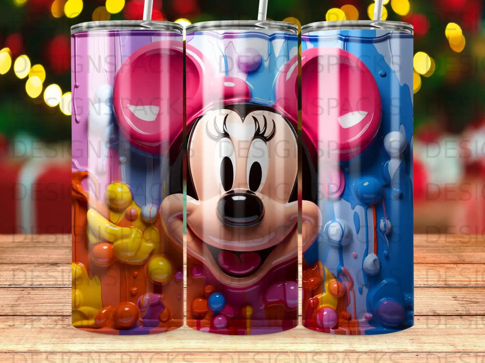 Minnie Mouse tumbler with colorful, melting candy and a wooden tabletop background.