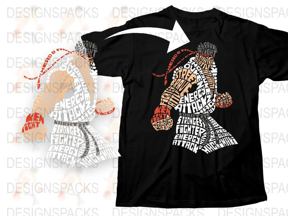 Black t-shirt with bold word art design featuring 'Fight', 'Energy', 'Attack' for DTF/DTG printing