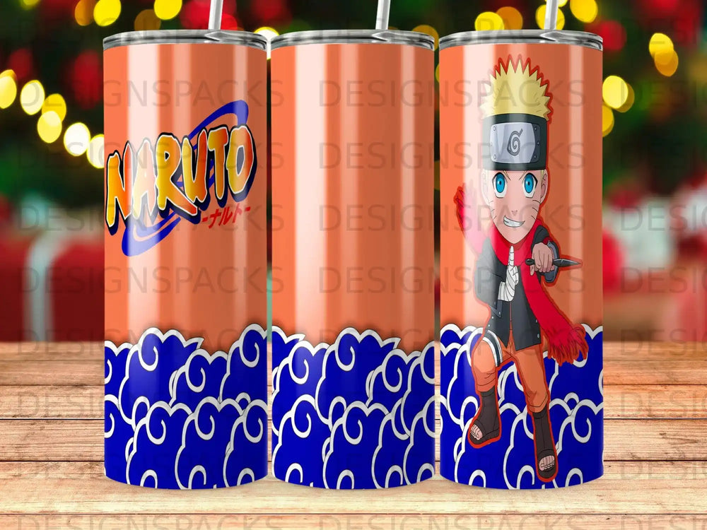 Naruto Uzumaki with orange and blue swirling cloud pattern on a tumbler.