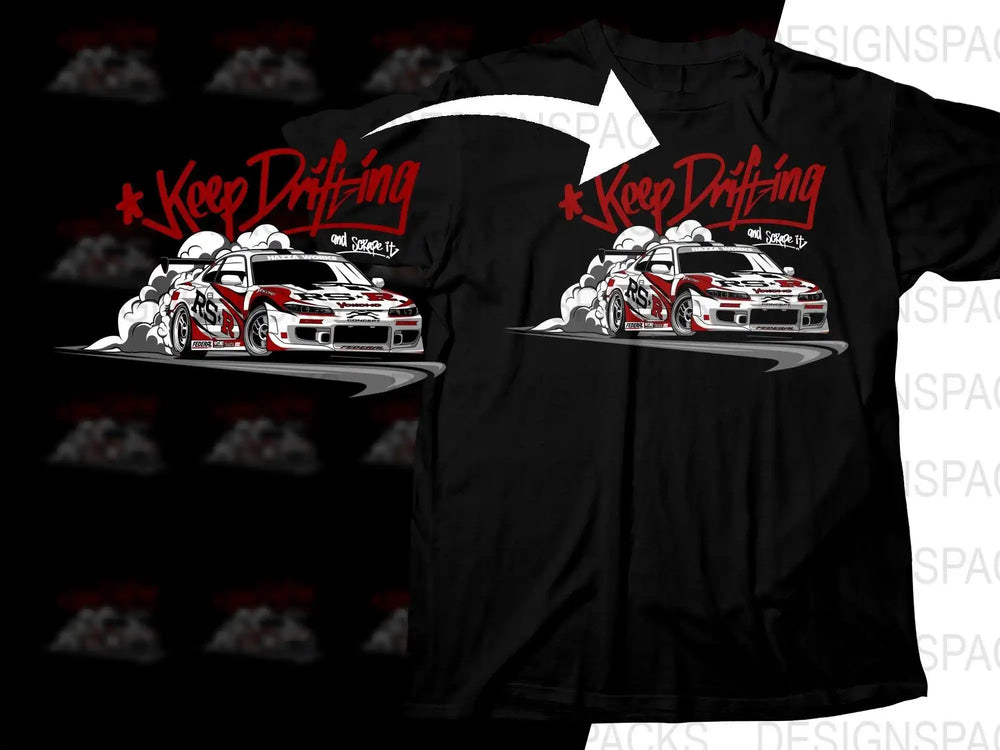 Black t-shirt with 'Keep Drifting' graphic, featuring a red and white race car design.