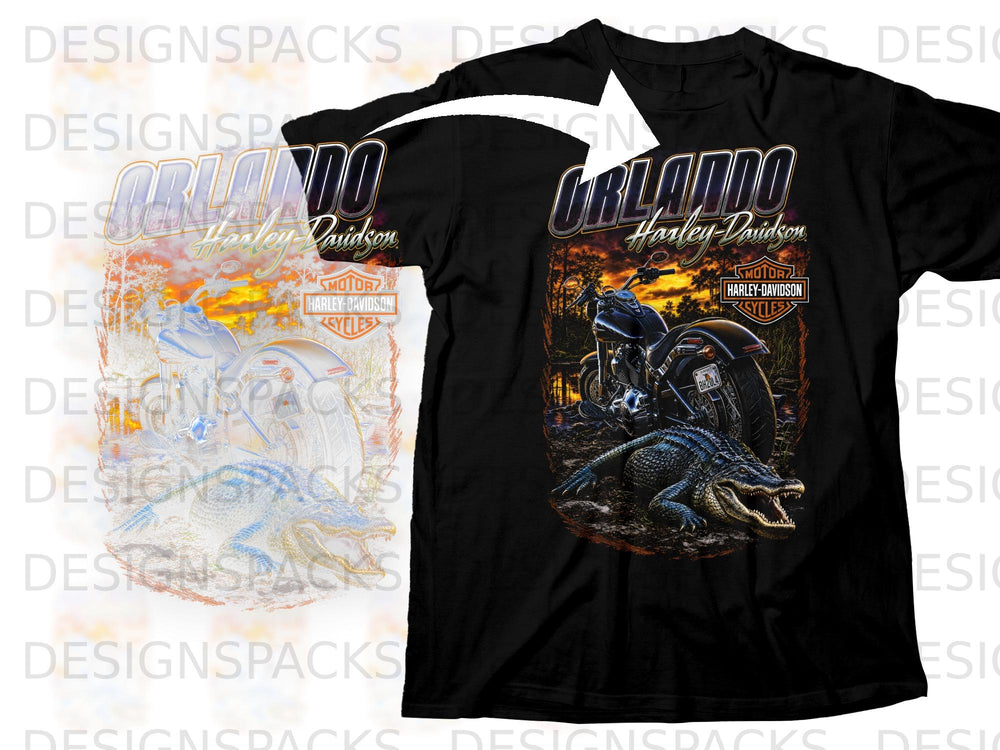Black t-shirt with "Orlando Harley-Davidson" text, motorcycle, and alligator graphic.