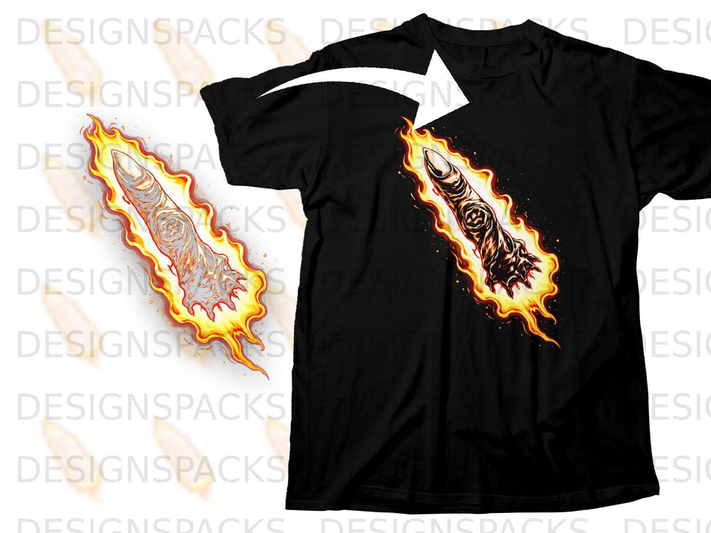Black t-shirt with a flaming severed finger graphic on the chest.