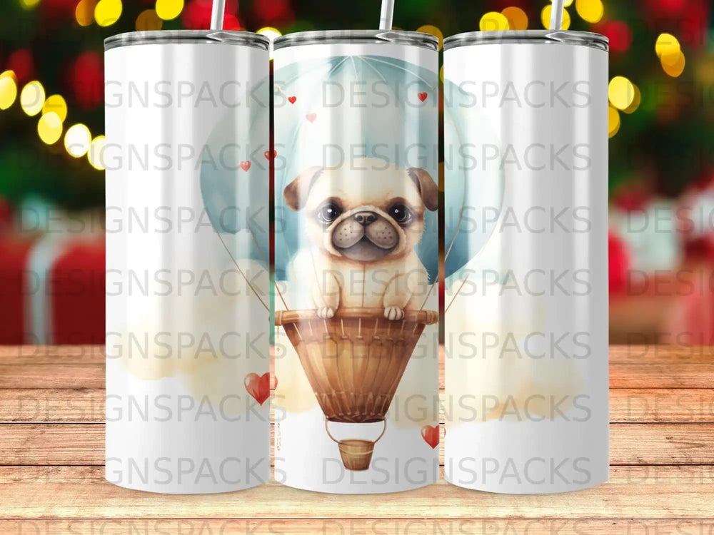 Puppy in hot air balloon, surrounded by clouds and red circles.